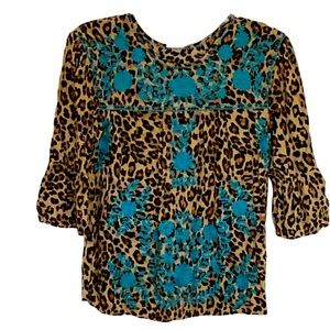 Layerz Clothing Boho top , leopard print with turquoise embroidery, size M
